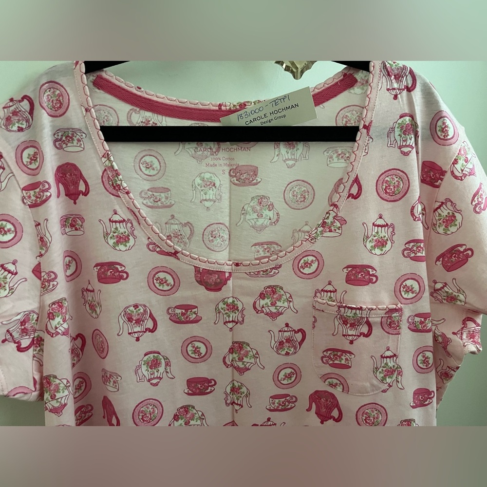 Midnight by Carole Hochman Pink and Green Tea Print Nightshirt 100 %Cotton - Picture 3 of 11